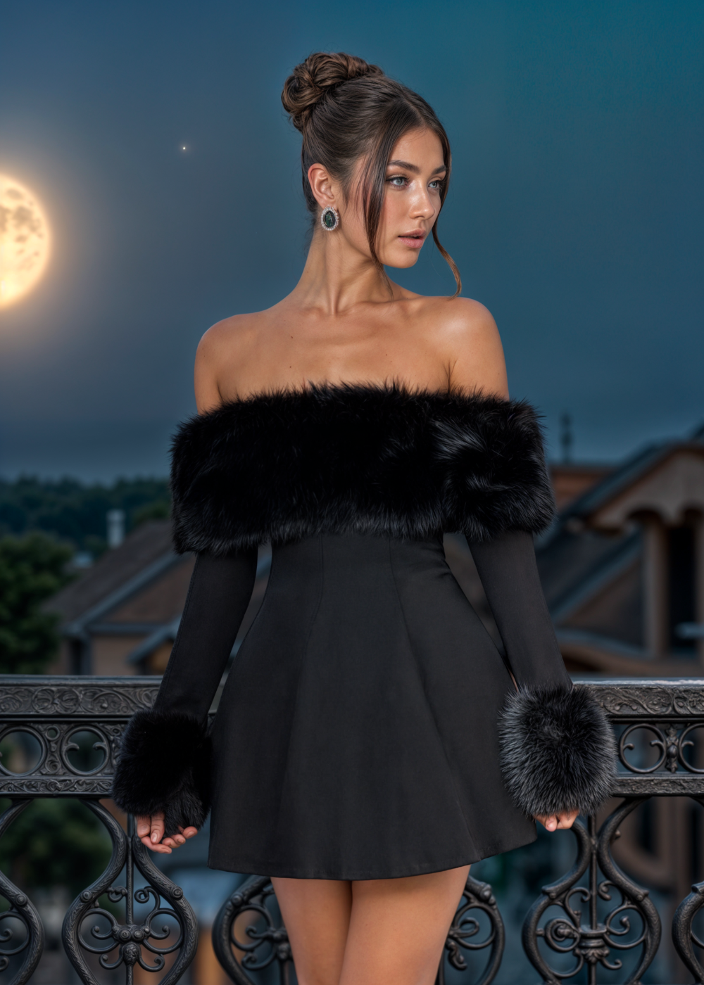 Serena | Rochie mini fără umeri cu mâneci din blană