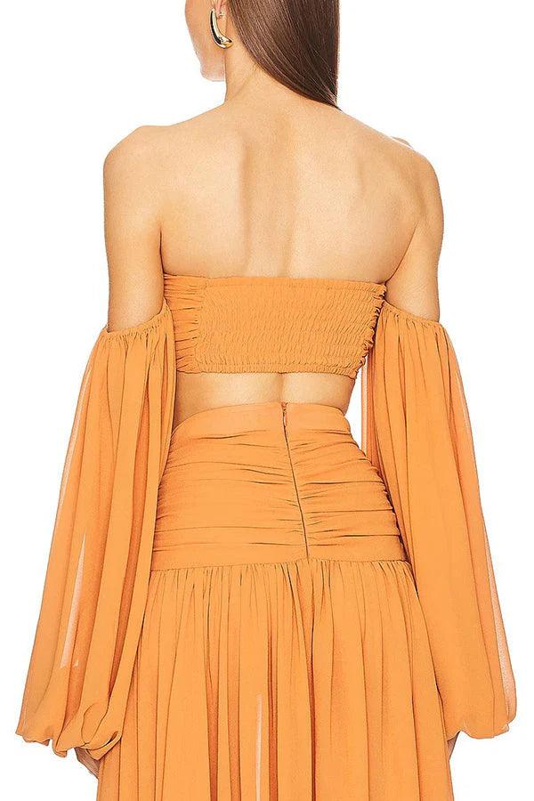 Set fustă maxi asimetrică drapată cu talie înaltă din chiffon