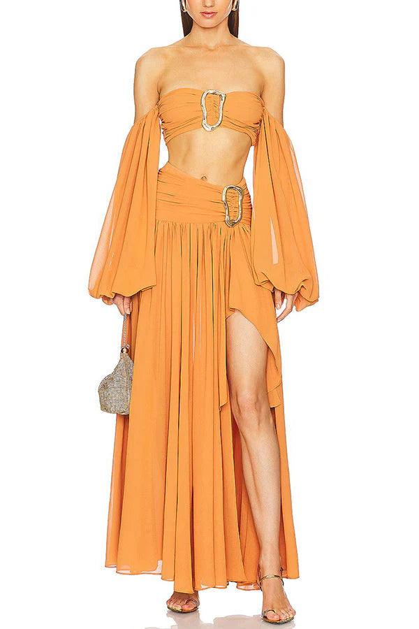 Set fustă maxi asimetrică drapată cu talie înaltă din chiffon