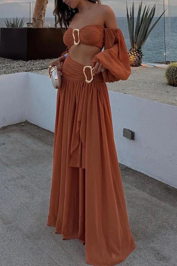 Set fustă maxi asimetrică drapată cu talie înaltă din chiffon