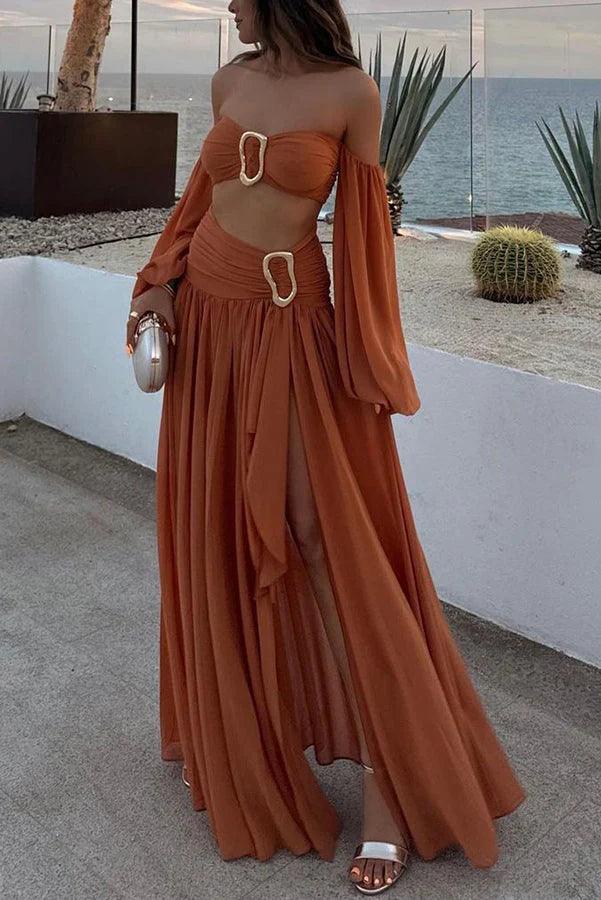 Set fustă maxi asimetrică drapată cu talie înaltă din chiffon