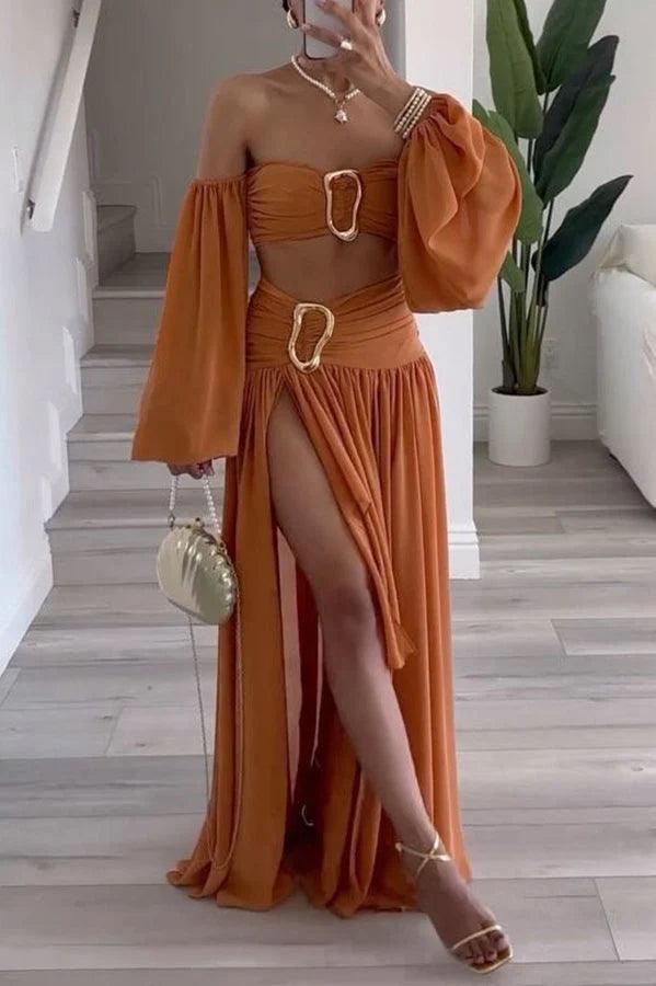 Set fustă maxi asimetrică drapată cu talie înaltă din chiffon
