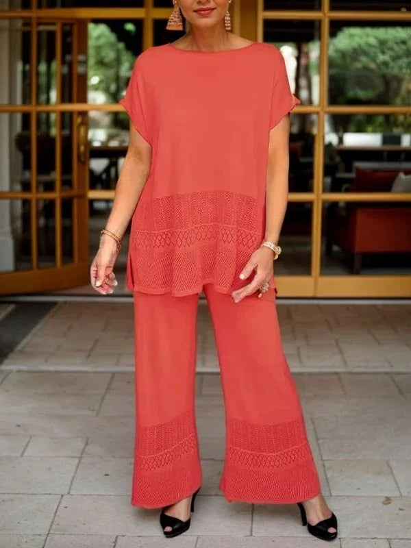 Set bluză cu guler rotund și mâneci scurte și pantaloni cu croială largă