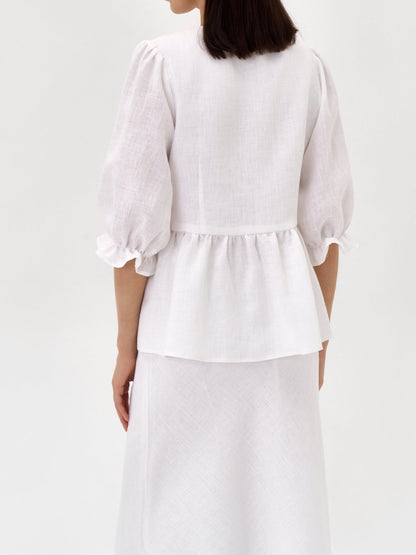 Gul topp med V-ringning och medellånga ärmar, högmidjad kjol, linne-set