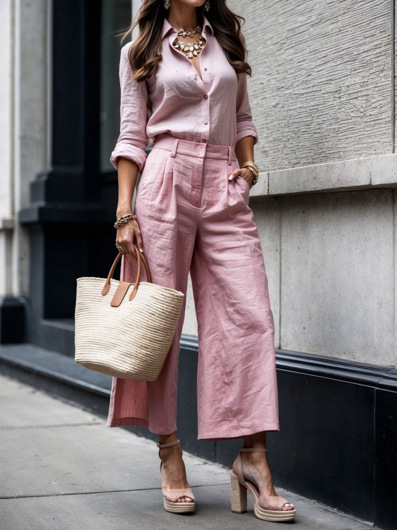 Set de Pantaloni Capri Roz și Cămașă Lejeră din In