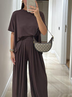 Set de Top Casual Gri Deschis și Pantaloni Cu Picioare Largi