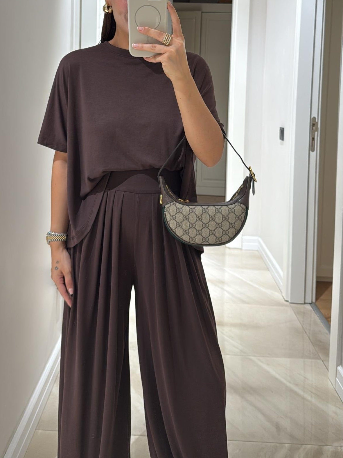 Set de Top Casual Gri Deschis și Pantaloni Cu Picioare Largi
