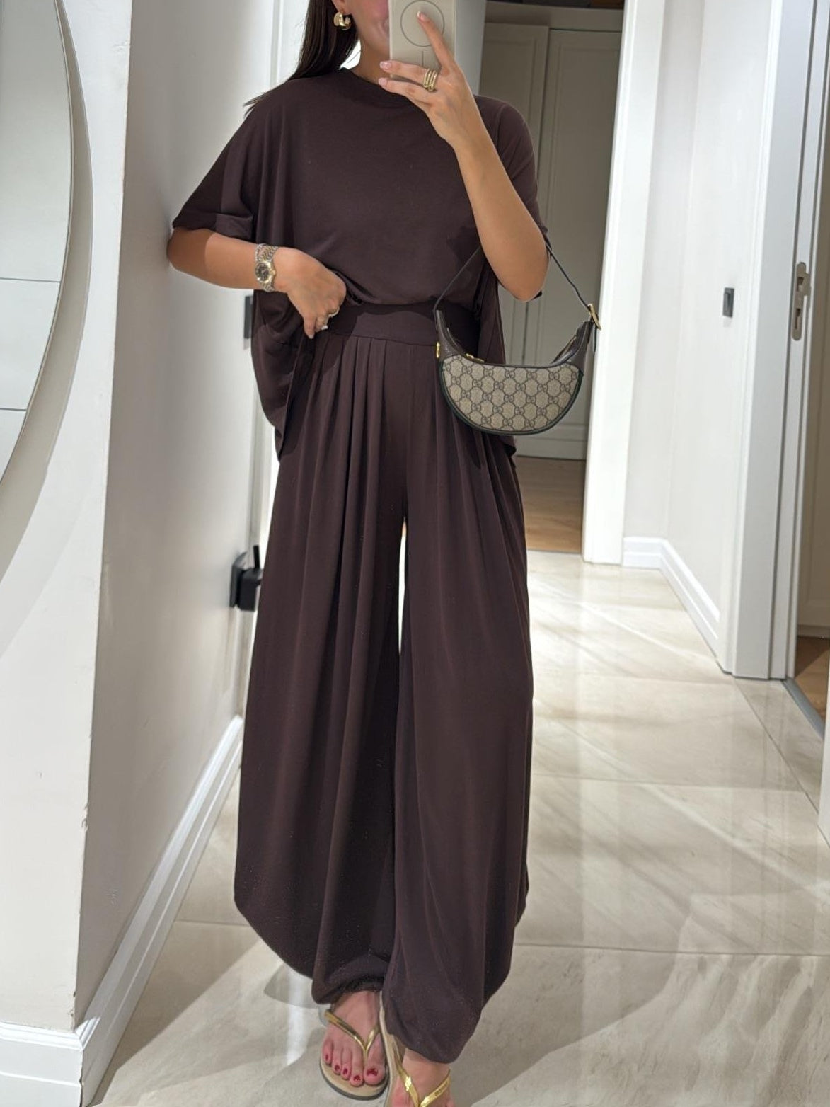Set de Top Casual Gri Deschis și Pantaloni Cu Picioare Largi