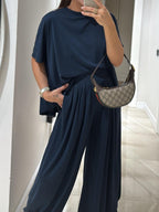Set de Top Casual Gri Deschis și Pantaloni Cu Picioare Largi