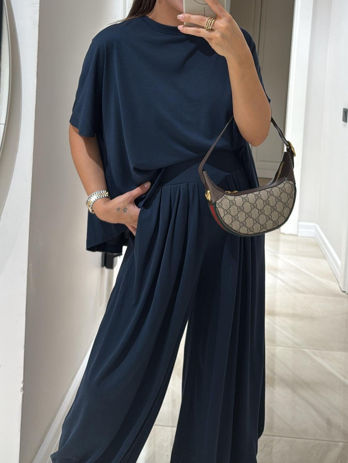 Set de Top Casual Gri Deschis și Pantaloni Cu Picioare Largi