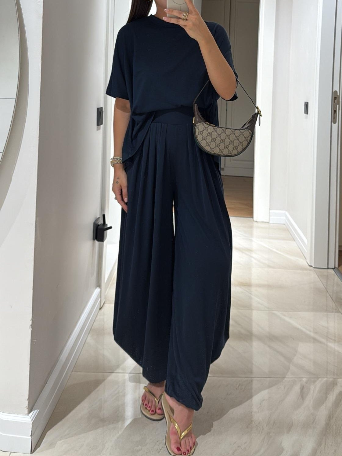 Set de Top Casual Gri Deschis și Pantaloni Cu Picioare Largi