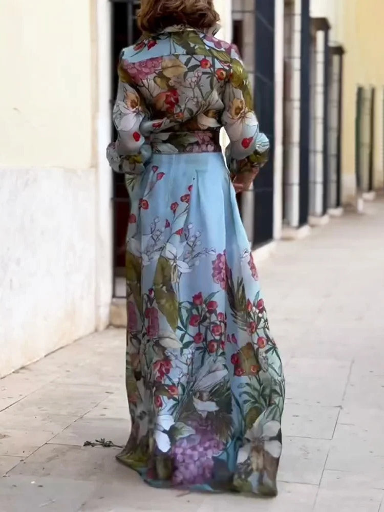 Set din două piese cu imprimeu floral elegant, cămașă și fustă