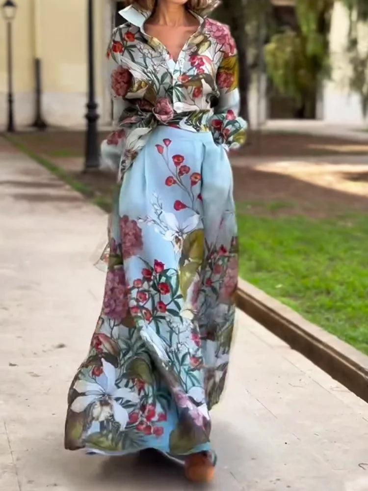Set din două piese cu imprimeu floral elegant, cămașă și fustă