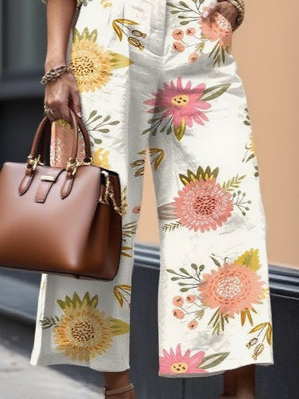 Pantaloni Capri Florali și Set de Cămașă Lejeră din In