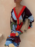 Jachetă tricotată cu model geometric abstract + set fustă