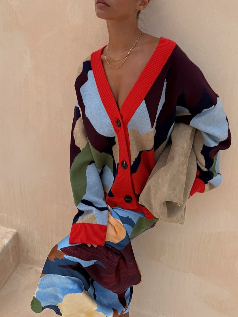 Jachetă tricotată cu model geometric abstract + set fustă