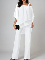 Costum din chiffon asimetric cu umeri goi