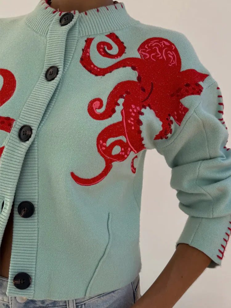 Cardigan Tricotat cu Model Distractiv de Caracatiță