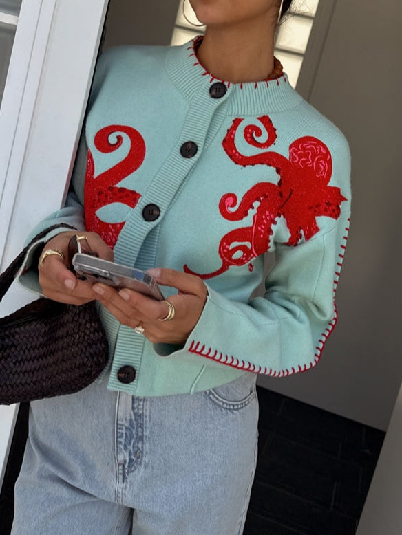 Cardigan Tricotat cu Model Distractiv de Caracatiță