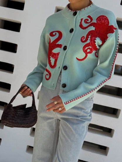 Kardigan Stickad med Roligt Bläckfiskmönster