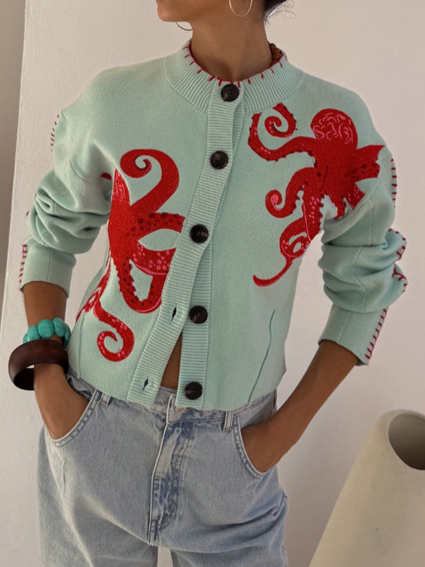 Cardigan Tricotat cu Model Distractiv de Caracatiță