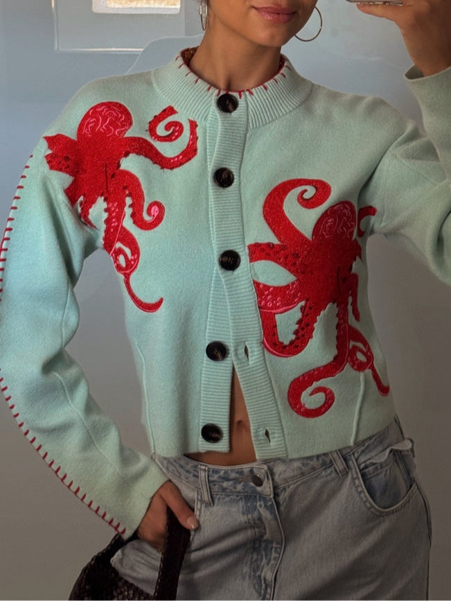Cardigan Tricotat cu Model Distractiv de Caracatiță