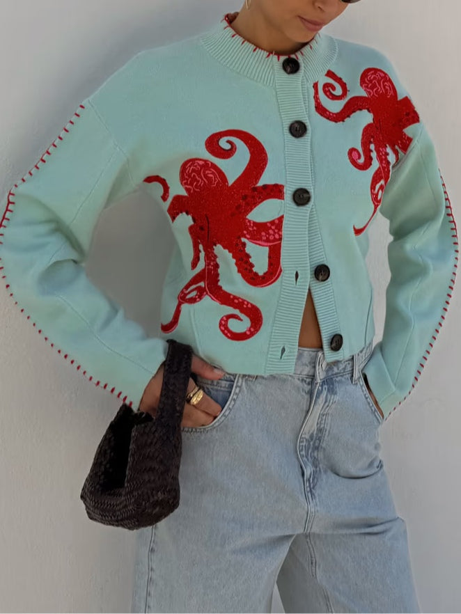 Cardigan Tricotat cu Model Distractiv de Caracatiță