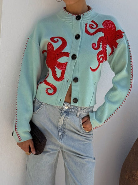Cardigan Tricotat cu Model Distractiv de Caracatiță