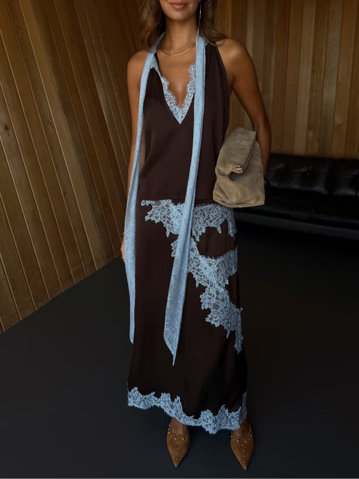 Elegant Kostym med Brunt och Blått Spetsöverdel + Kjol