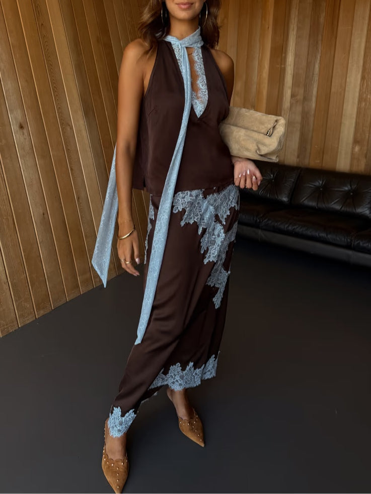 Costum Elegant cu Top din Dantelă Maro și Albastru + Fustă