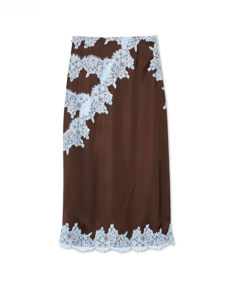 Costum Elegant cu Top din Dantelă Maro și Albastru + Fustă