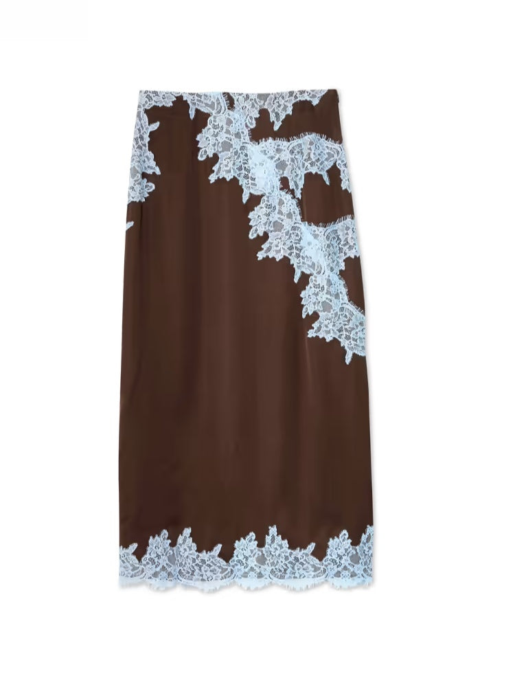 Costum Elegant cu Top din Dantelă Maro și Albastru + Fustă