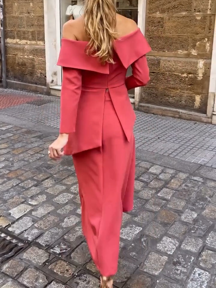 Set Blus och Kjol Korall med Öppna Axlar