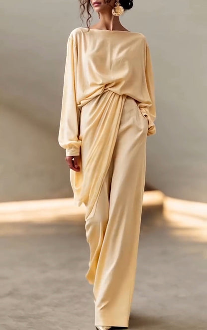 Beige Set med Långärmad Top och Kjol