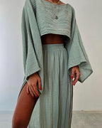 Set casual din bumbac și in cu fante elegant