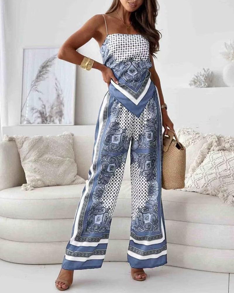 Set două piese cu vesta și pantaloni imprimeu elegant