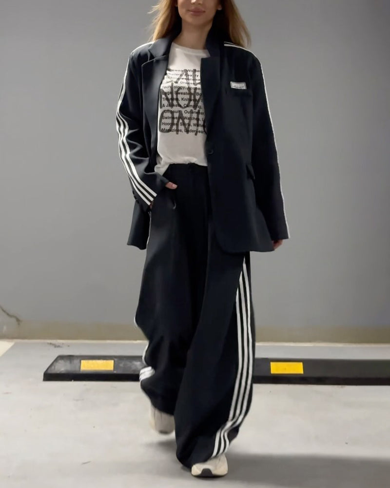 Set de două piese: Sacou cu dungi la modă și pantaloni largi
