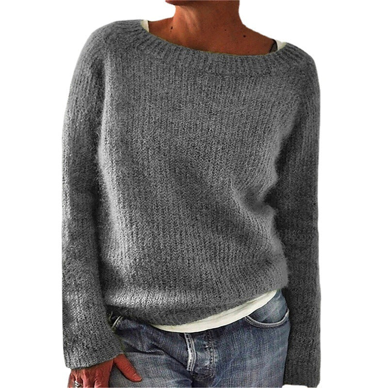 Pulover casual din material moale, cu guler rotund