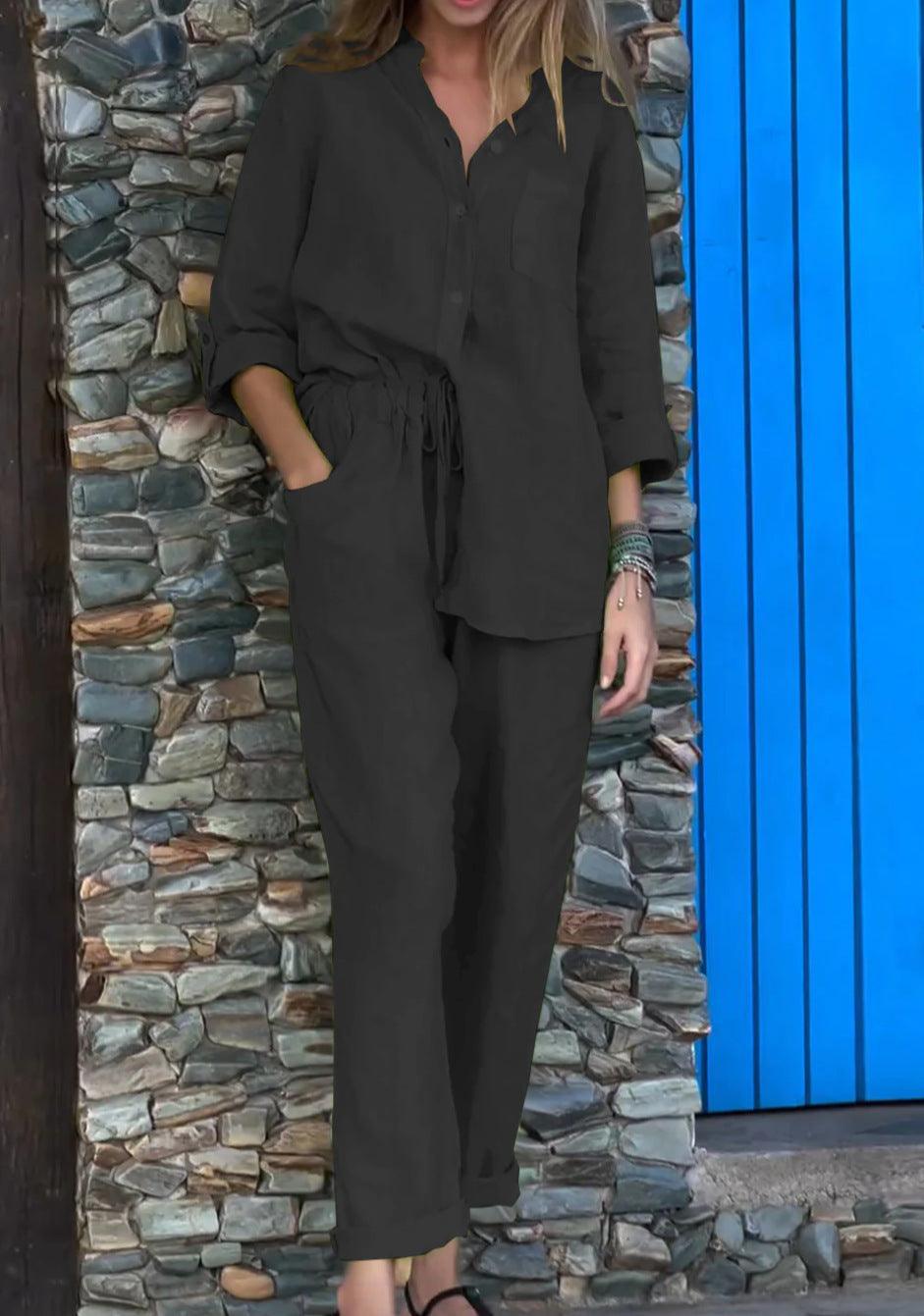 Set din două piese din bumbac și in, cu cămașă și pantaloni, de culoare solidă, cu decolteu în V