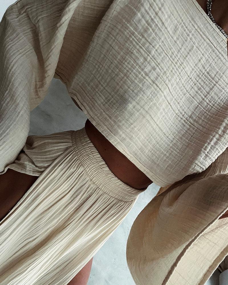 Set casual i bomull och linne med eleganta slitsar