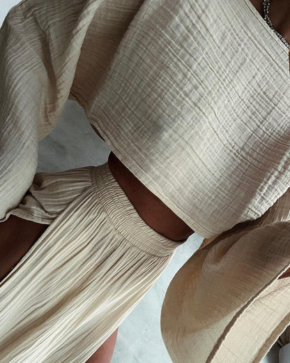 Set casual i bomull och linne med eleganta slitsar