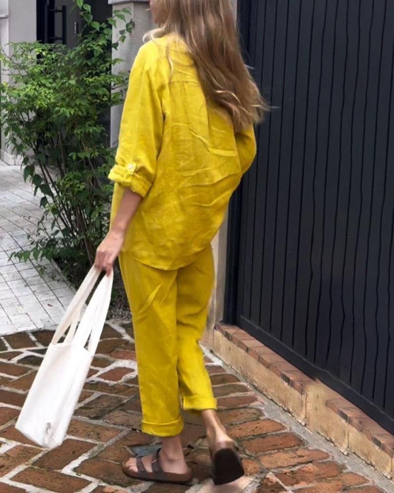 Set din două piese din bumbac și in, cu cămașă și pantaloni, de culoare solidă, cu decolteu în V