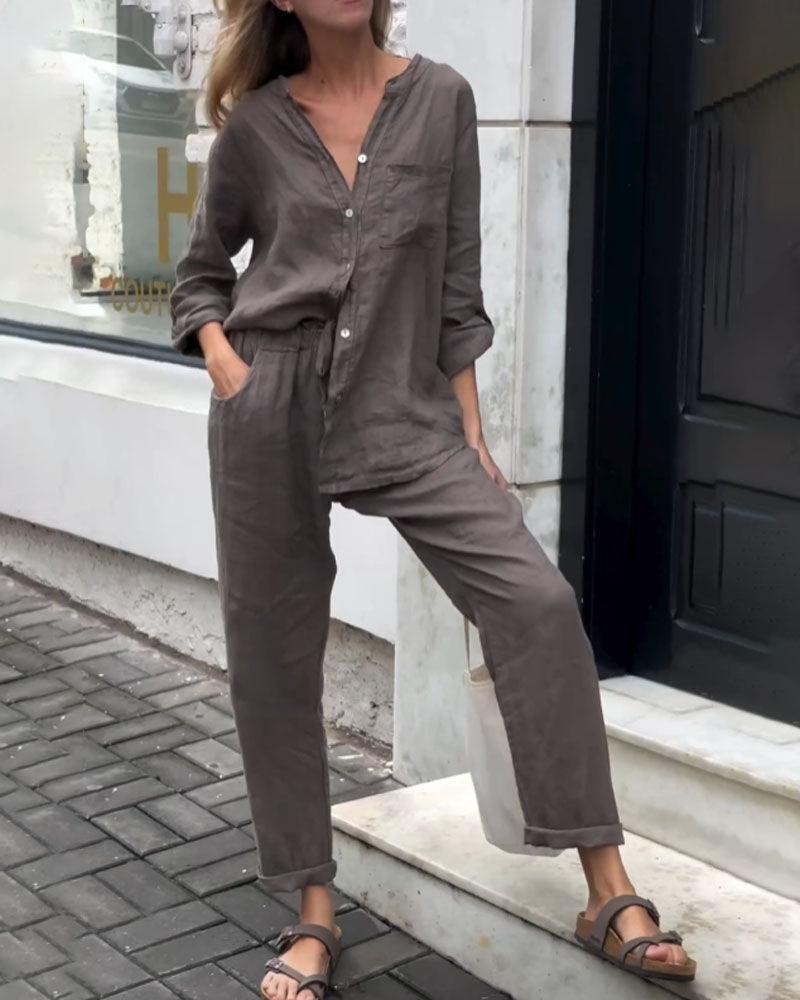Set din două piese din bumbac și in, cu cămașă și pantaloni, de culoare solidă, cu decolteu în V
