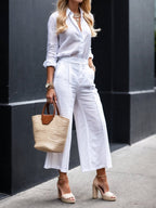Set de Pantaloni Capri Roz și Cămașă Lejeră din In