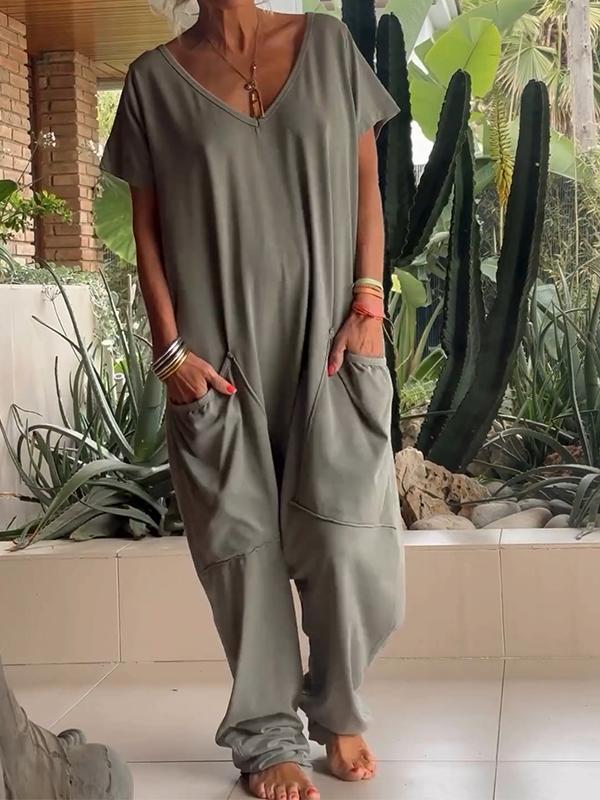 Casual jumpsuit med V-ringning, i en färg