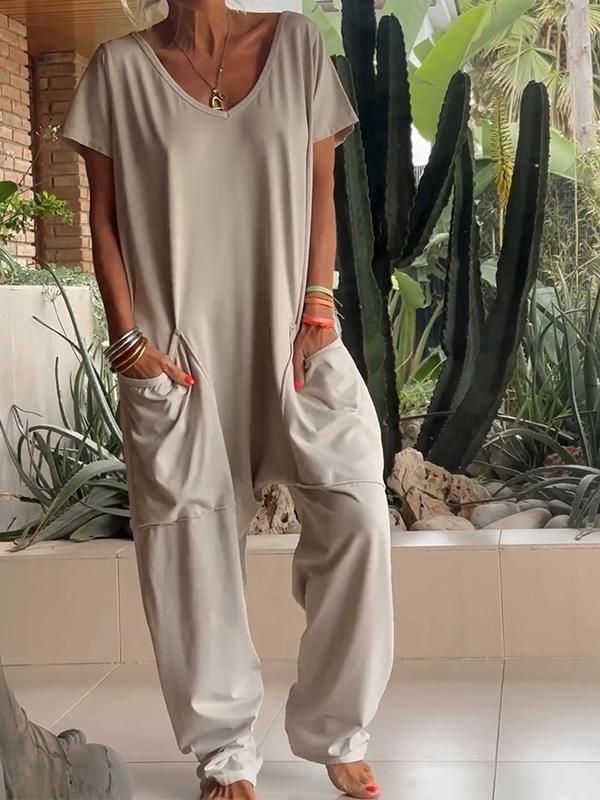 Casual jumpsuit med V-ringning, i en färg