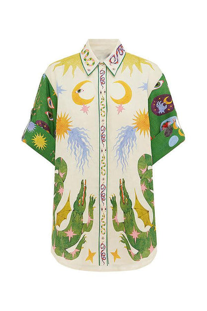 Unik Blus i Linblandning med Tryck och Shortsset med Elastisk Midja och Fickor