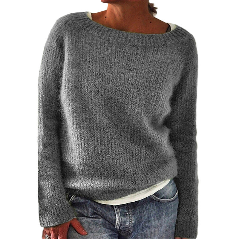 Pulover casual din material moale, cu guler rotund