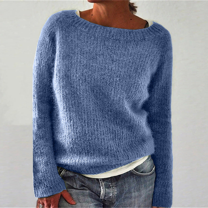 Pulover casual din material moale, cu guler rotund
