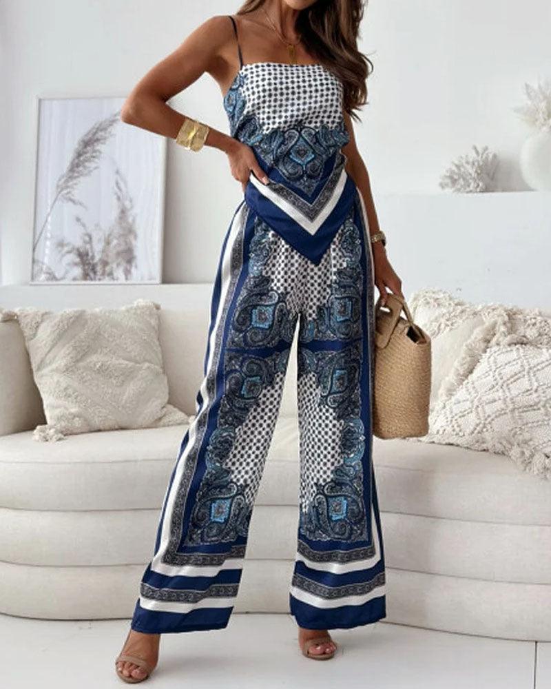 Set două piese cu vesta și pantaloni imprimeu elegant